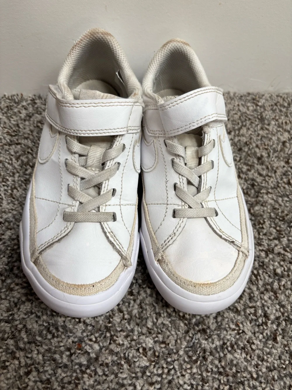 Nike White on White Kids Leather Sneakers with Velcro  Strap Size 11c